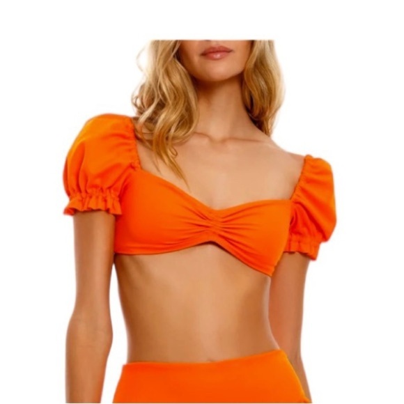 Agua Bendita Other - NEW Agua Bendita Romina Bikini Top Puff Sleeves Tie Back Orange